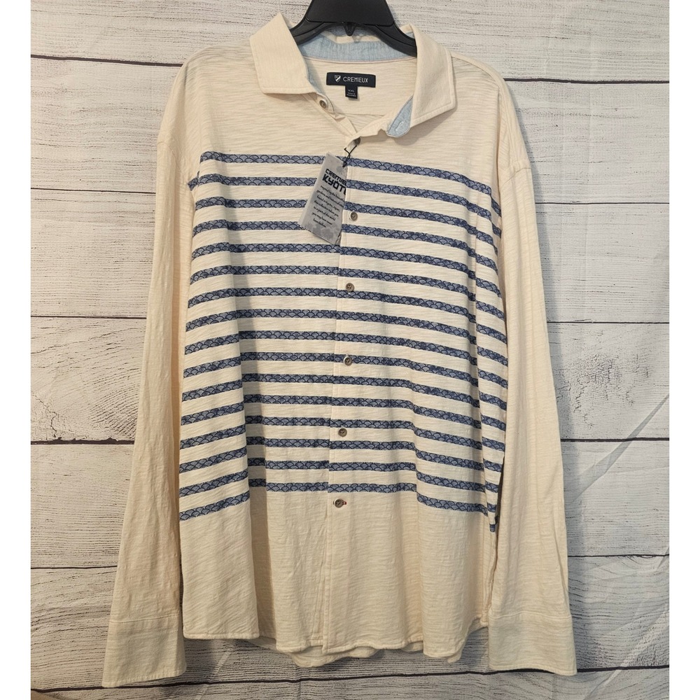 Cremieux Kyoto XXL Long Slv Cotton Button Up Cream & Blue Stripe Shirt NWT L485